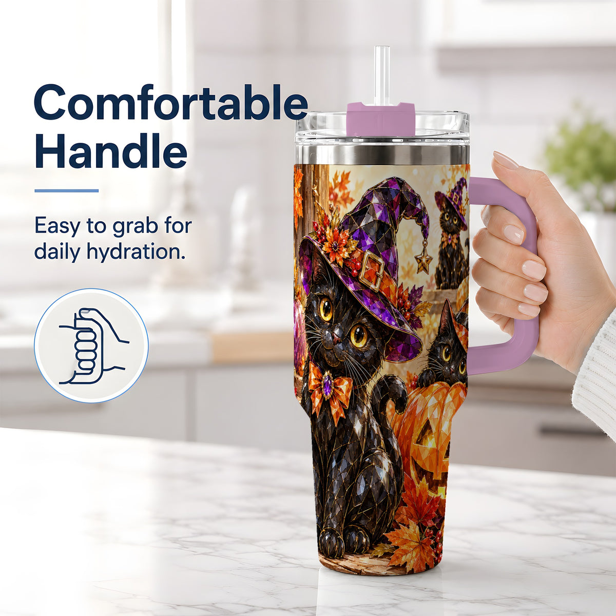 #pl[40oz|Pink] Halloween Black Cat 40oz Tumbler, Witch Hat Pumpkin Artwork