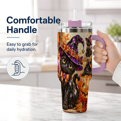 #pl[40oz|Pink] Halloween Black Cat 40oz Tumbler, Witch Hat Pumpkin Artwork