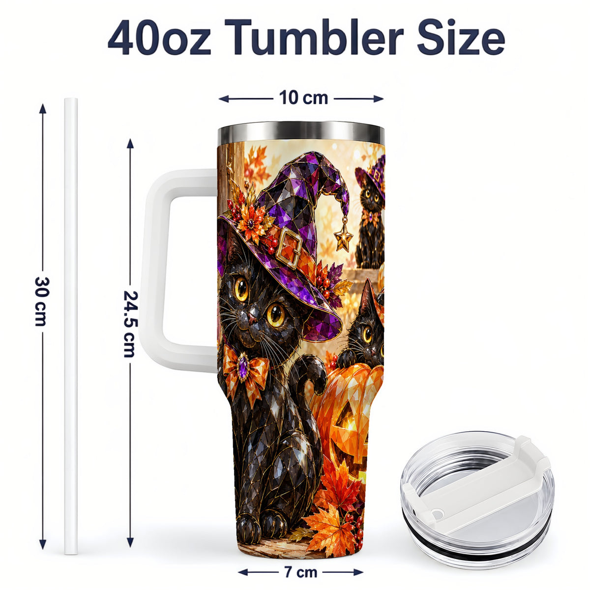 #pl[40oz|White] Halloween Black Cat 40oz Tumbler, Witch Hat Pumpkin Artwork