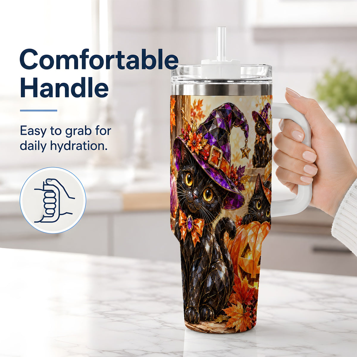 #pl[40oz|White] Halloween Black Cat 40oz Tumbler, Witch Hat Pumpkin Artwork