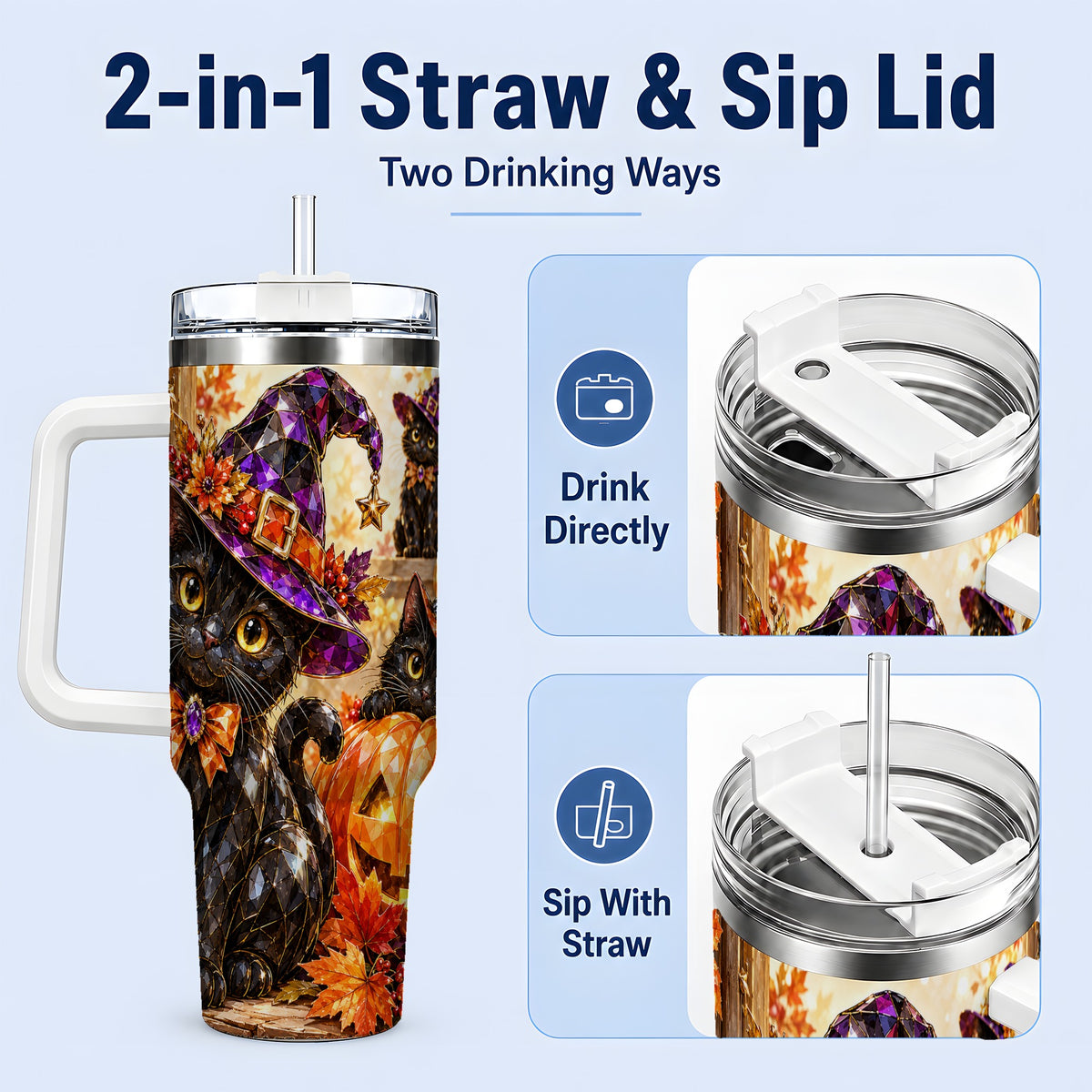 #pl[40oz|White] Halloween Black Cat 40oz Tumbler, Witch Hat Pumpkin Artwork
