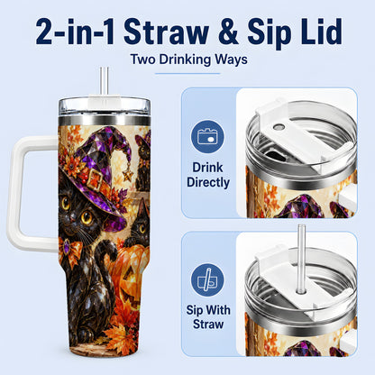 #pl[40oz|White] Halloween Black Cat 40oz Tumbler, Witch Hat Pumpkin Artwork