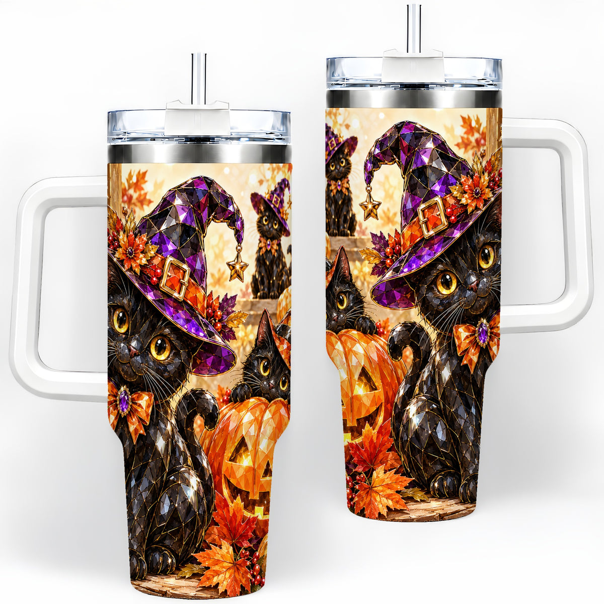 Halloween Black Cat 40oz Tumbler, Witch Hat Pumpkin Artwork