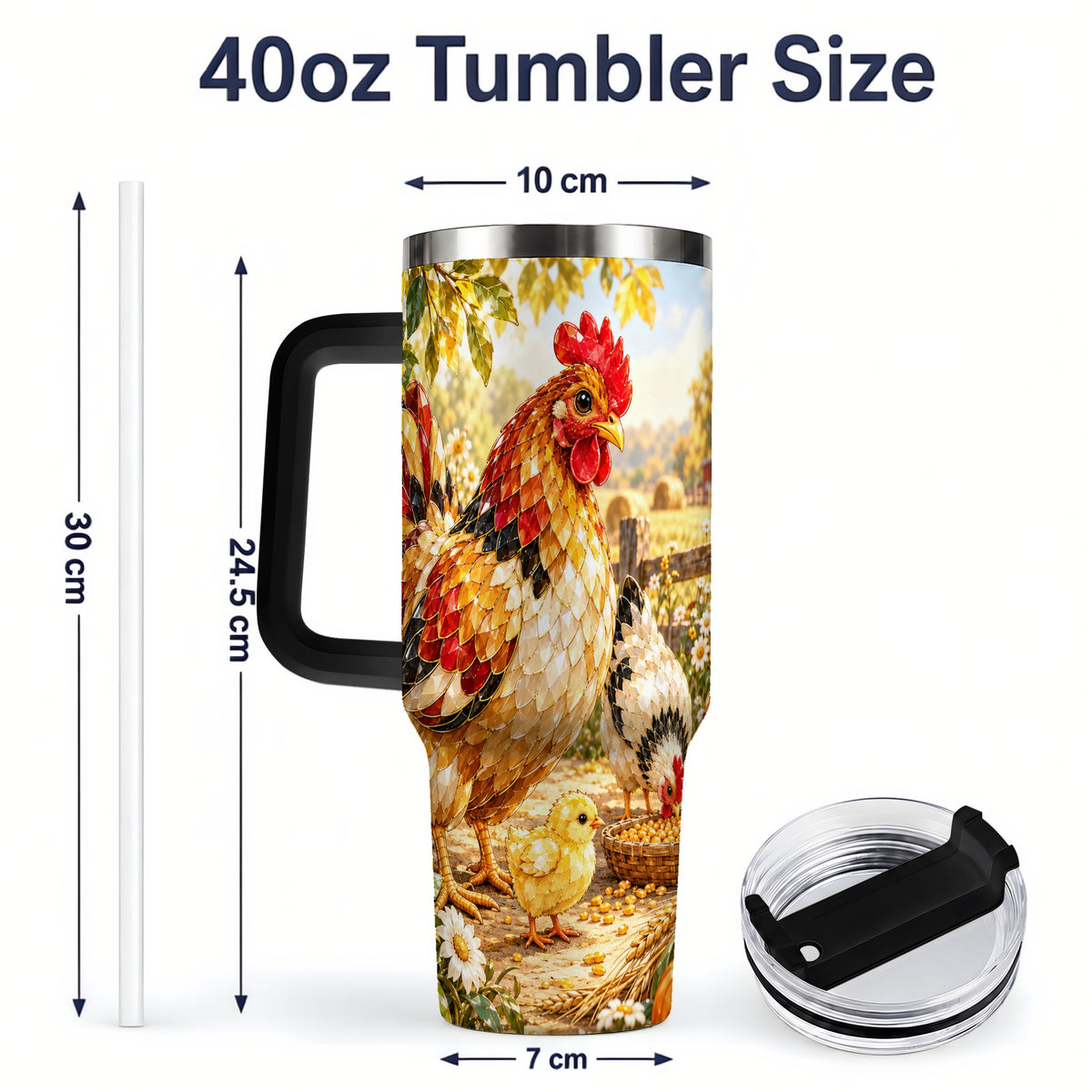 #pl[40oz|Black] Autumn Chicken Farm 40oz Tumbler, Sunflower Harvest Artwork