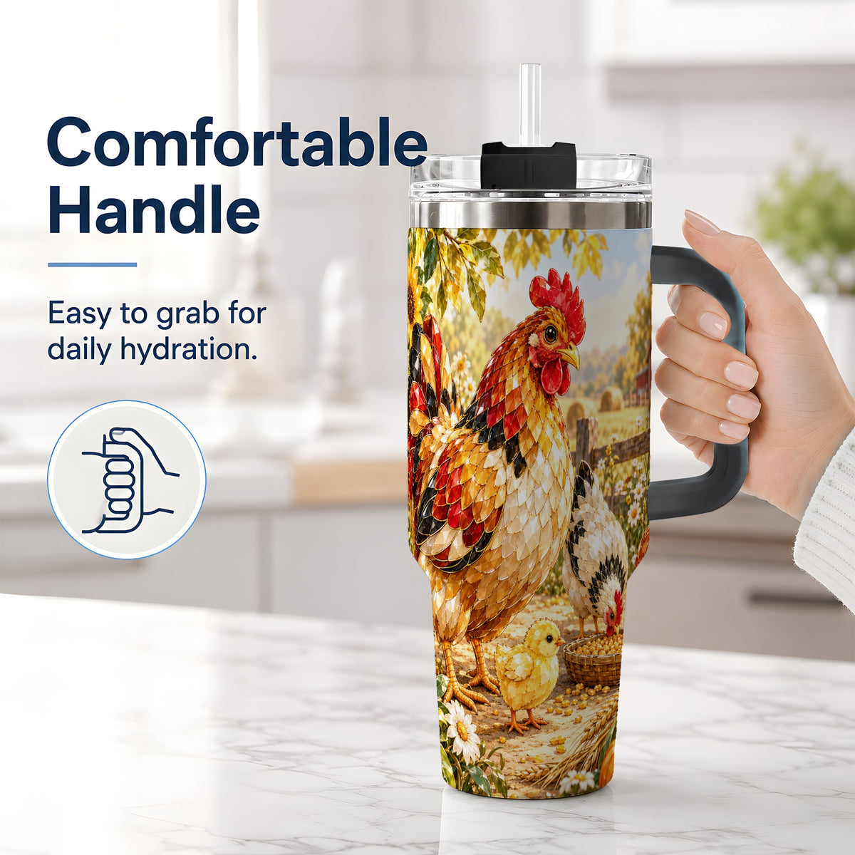 #pl[40oz|Black] Autumn Chicken Farm 40oz Tumbler, Sunflower Harvest Artwork