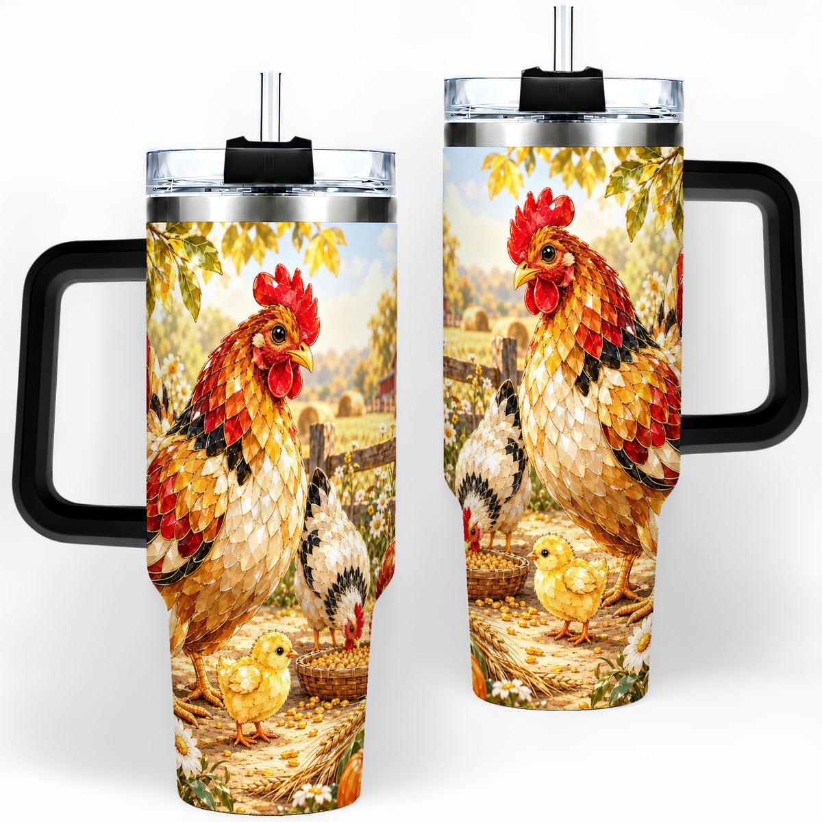 #pl[40oz|Black] Autumn Chicken Farm 40oz Tumbler, Sunflower Harvest Artwork