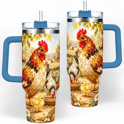 #pl[40oz|Blue] Autumn Chicken Farm 40oz Tumbler, Sunflower Harvest Artwork
