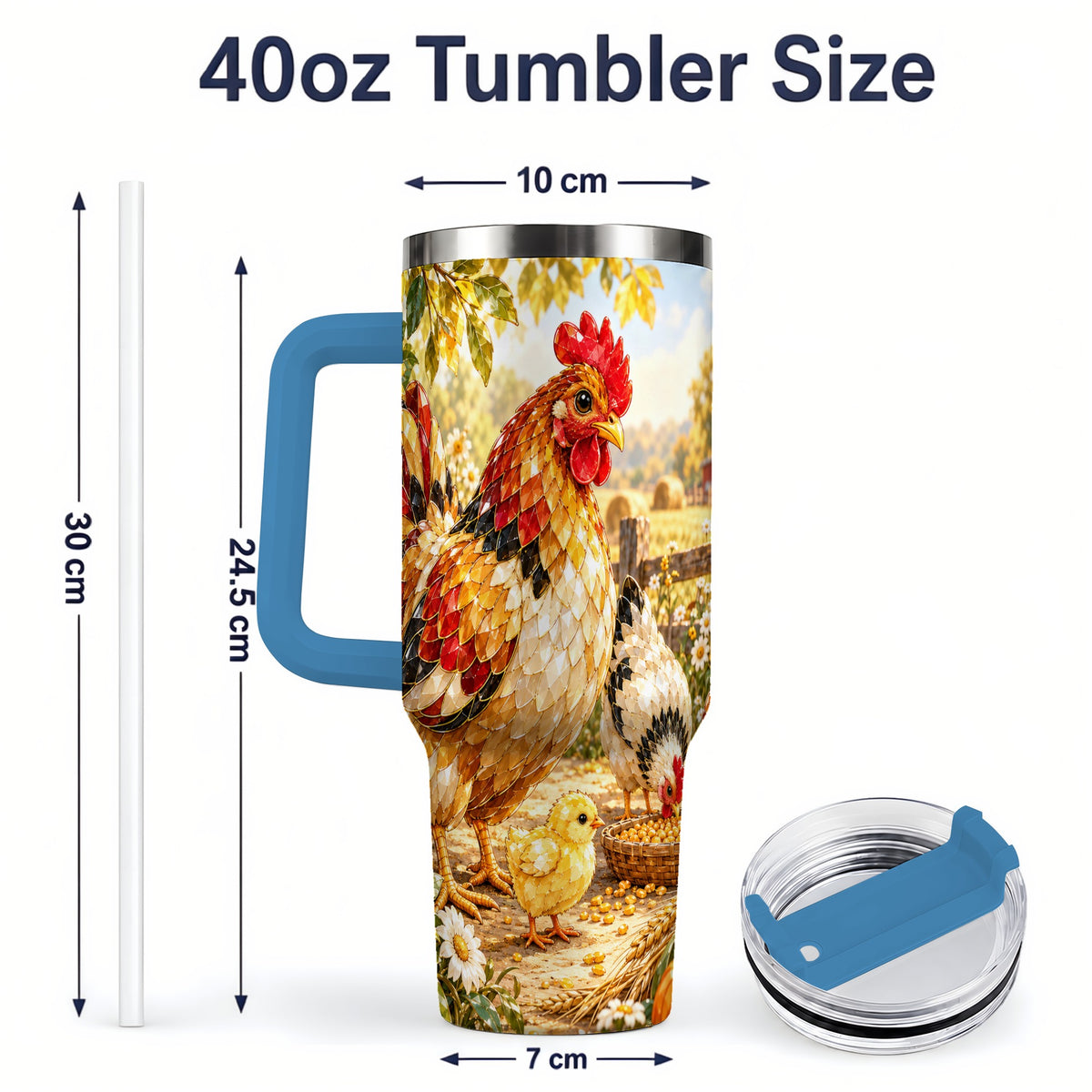 #pl[40oz|Blue] Autumn Chicken Farm 40oz Tumbler, Sunflower Harvest Artwork