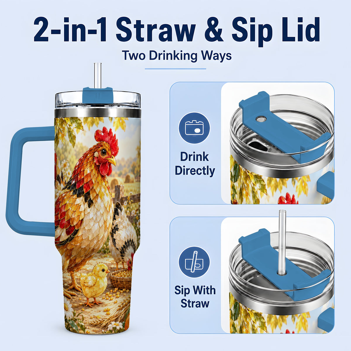 #pl[40oz|Blue] Autumn Chicken Farm 40oz Tumbler, Sunflower Harvest Artwork