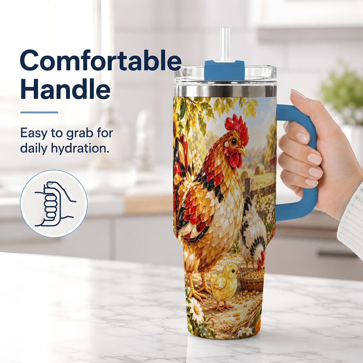 #pl[40oz|Blue] Autumn Chicken Farm 40oz Tumbler, Sunflower Harvest Artwork