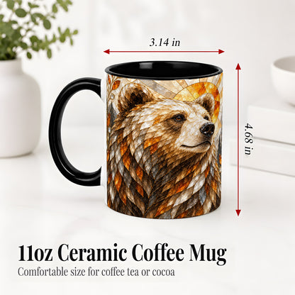 #pl[11oz|Black] Autumn Bear Ceramic Mug with Stained Glass Style Forest Artwork