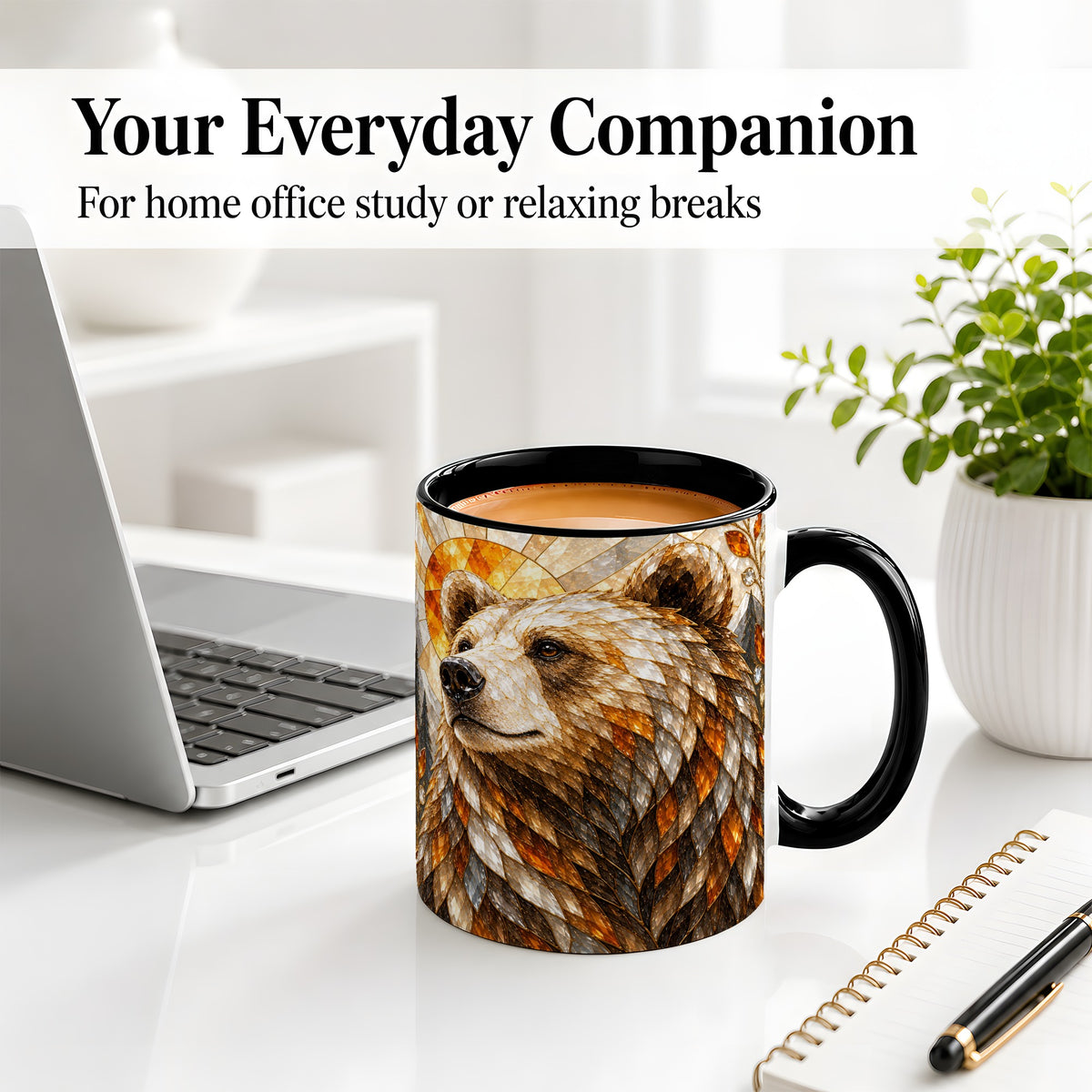 #pl[11oz|Black] Autumn Bear Ceramic Mug with Stained Glass Style Forest Artwork