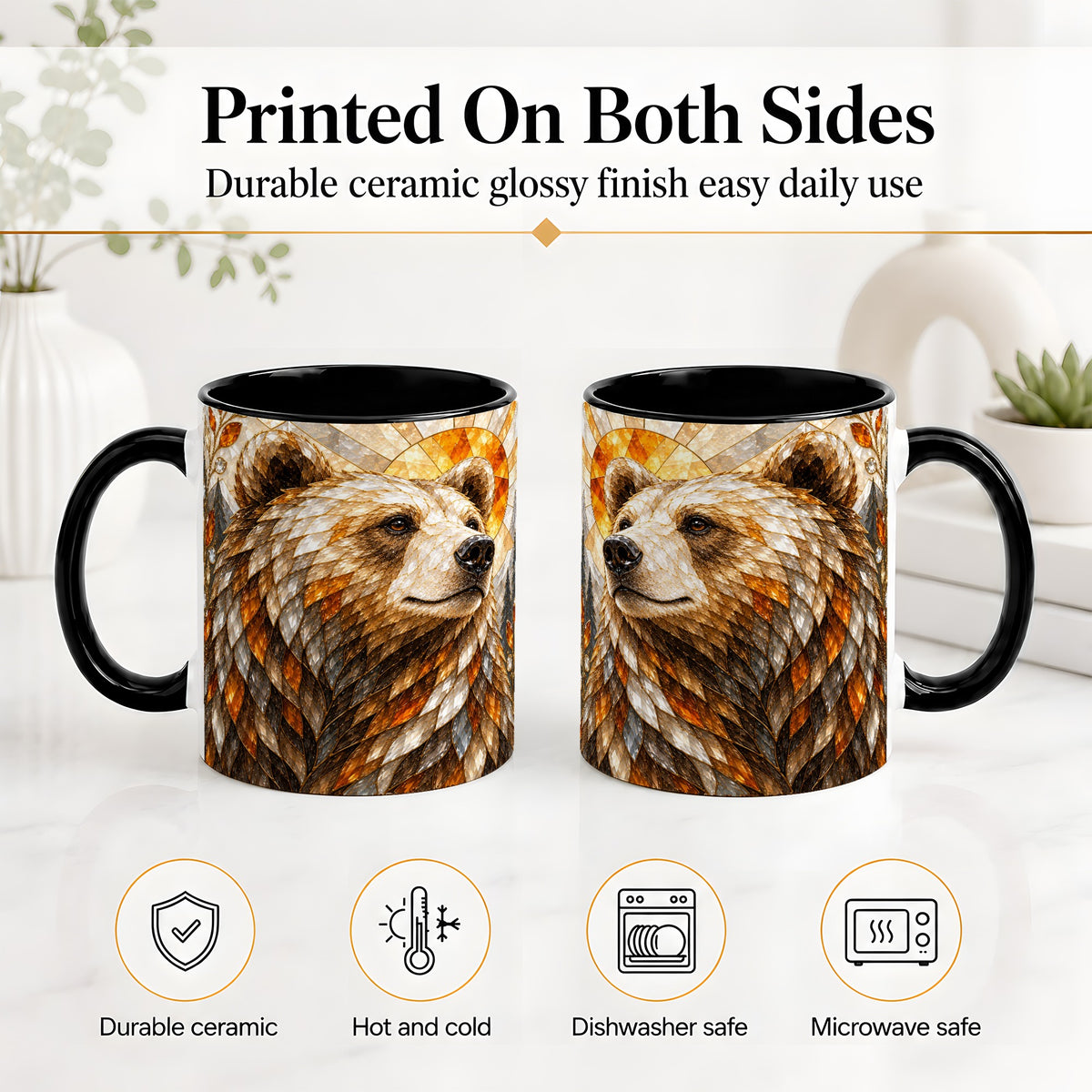 #pl[11oz|Black] Autumn Bear Ceramic Mug with Stained Glass Style Forest Artwork
