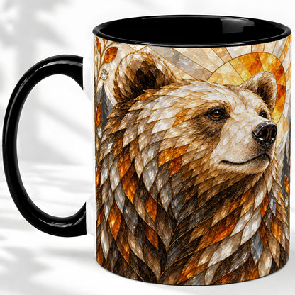 #pl[11oz|Black] Autumn Bear Ceramic Mug with Stained Glass Style Forest Artwork