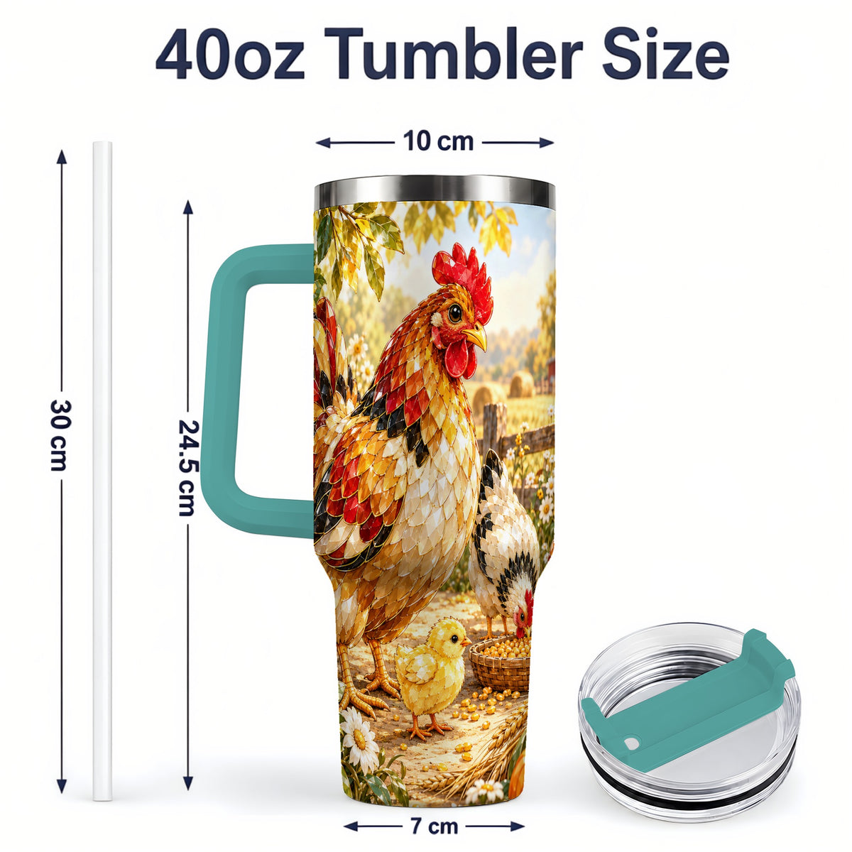 #pl[40oz|Green] Autumn Chicken Farm 40oz Tumbler, Sunflower Harvest Artwork