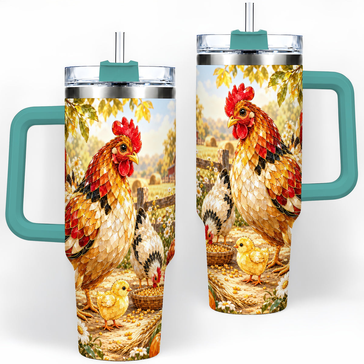 #pl[40oz|Green] Autumn Chicken Farm 40oz Tumbler, Sunflower Harvest Artwork