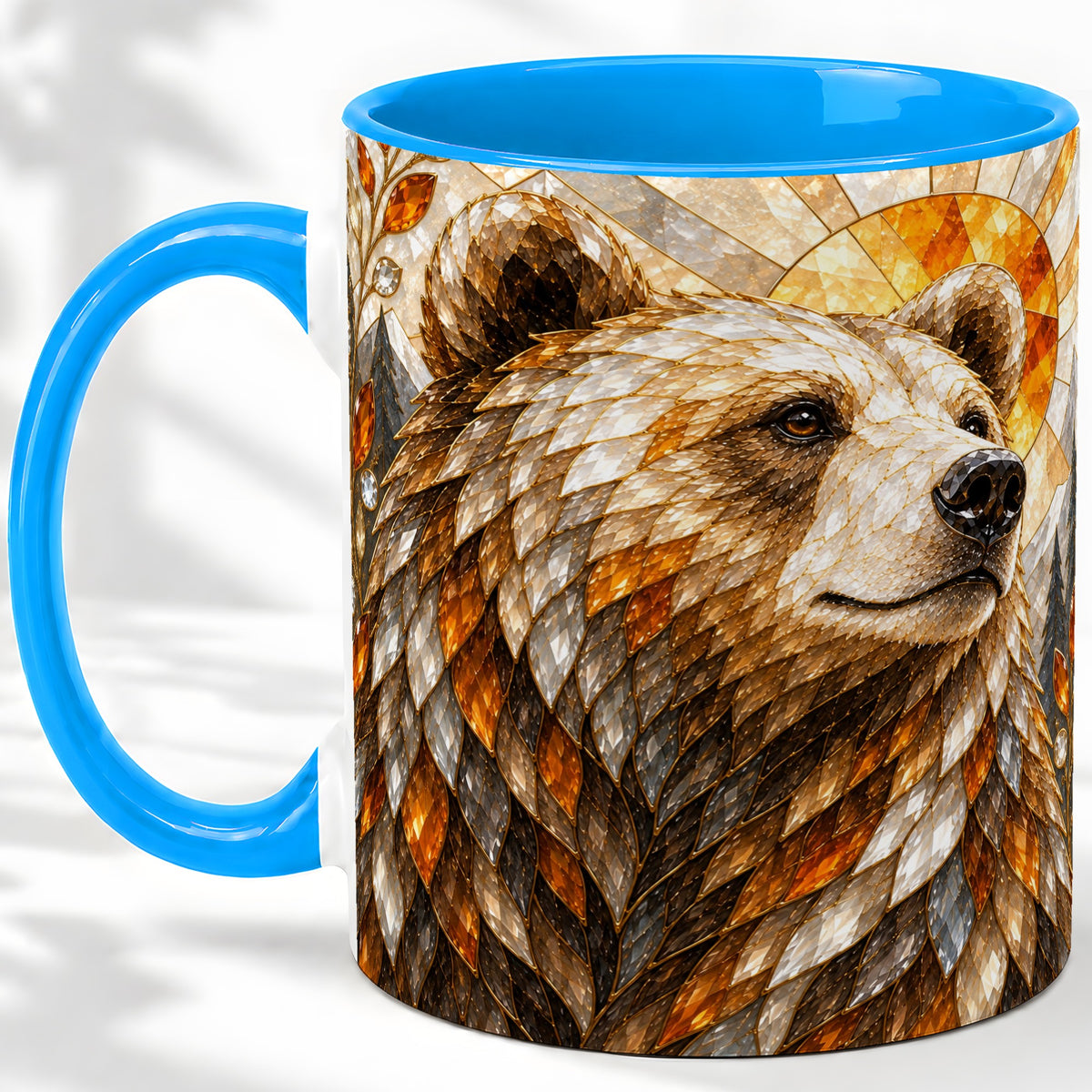 #pl[11oz|Blue] Autumn Bear Ceramic Mug with Stained Glass Style Forest Artwork