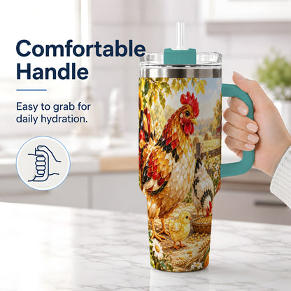 #pl[40oz|Green] Autumn Chicken Farm 40oz Tumbler, Sunflower Harvest Artwork