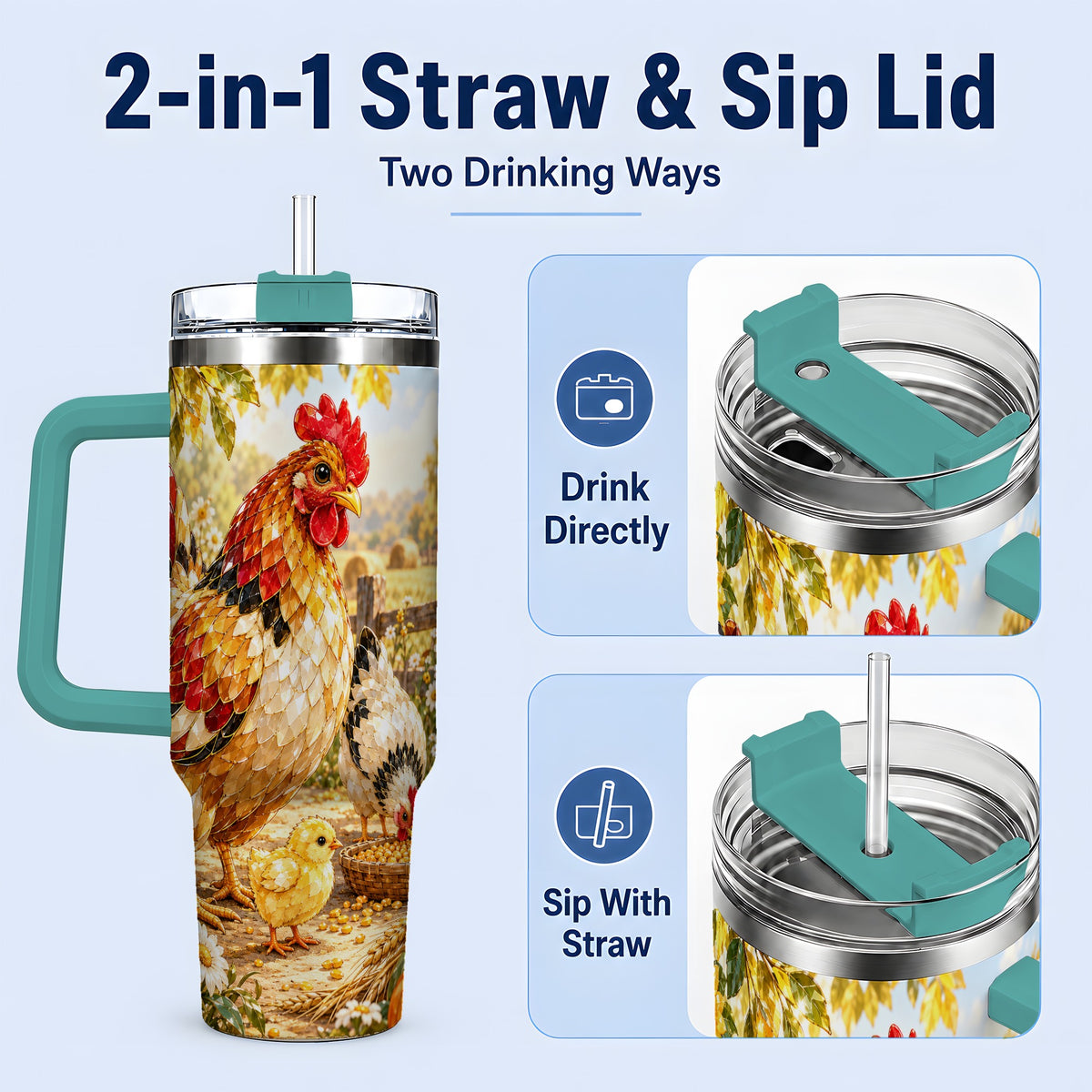 #pl[40oz|Green] Autumn Chicken Farm 40oz Tumbler, Sunflower Harvest Artwork