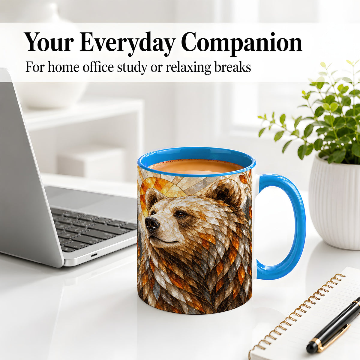 #pl[11oz|Blue] Autumn Bear Ceramic Mug with Stained Glass Style Forest Artwork