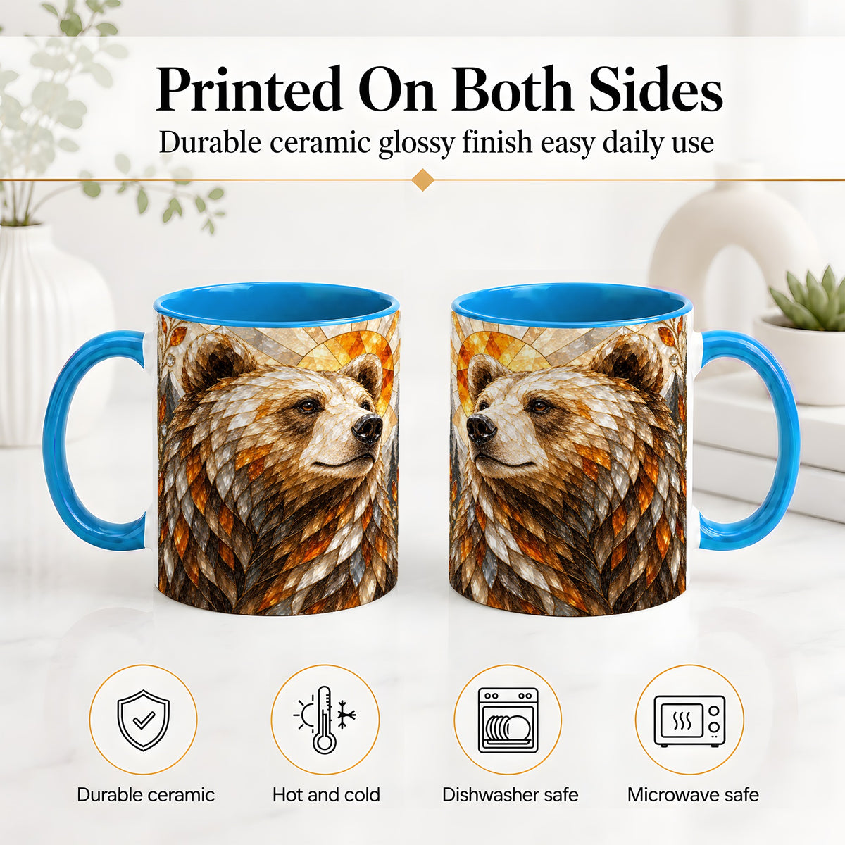#pl[11oz|Blue] Autumn Bear Ceramic Mug with Stained Glass Style Forest Artwork
