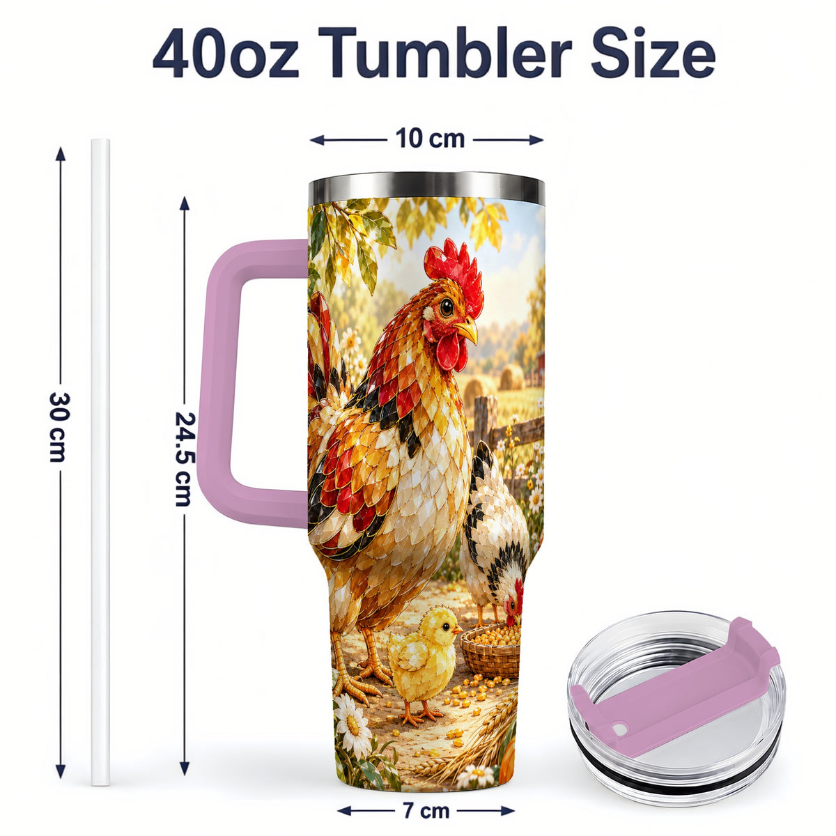 #pl[40oz|Pink] Autumn Chicken Farm 40oz Tumbler, Sunflower Harvest Artwork