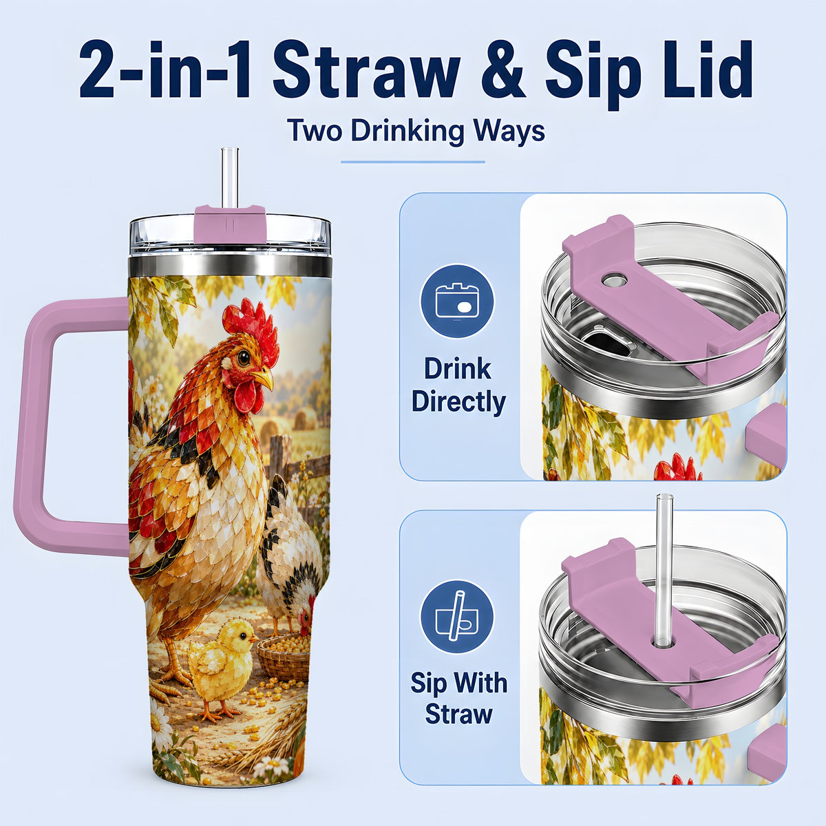 #pl[40oz|Pink] Autumn Chicken Farm 40oz Tumbler, Sunflower Harvest Artwork