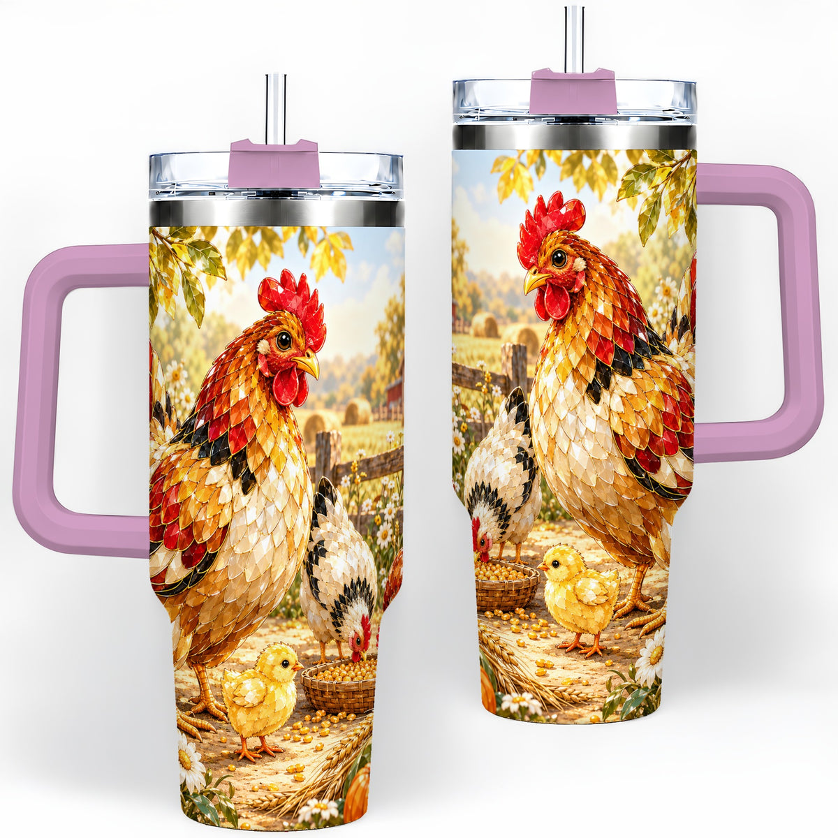 #pl[40oz|Pink] Autumn Chicken Farm 40oz Tumbler, Sunflower Harvest Artwork