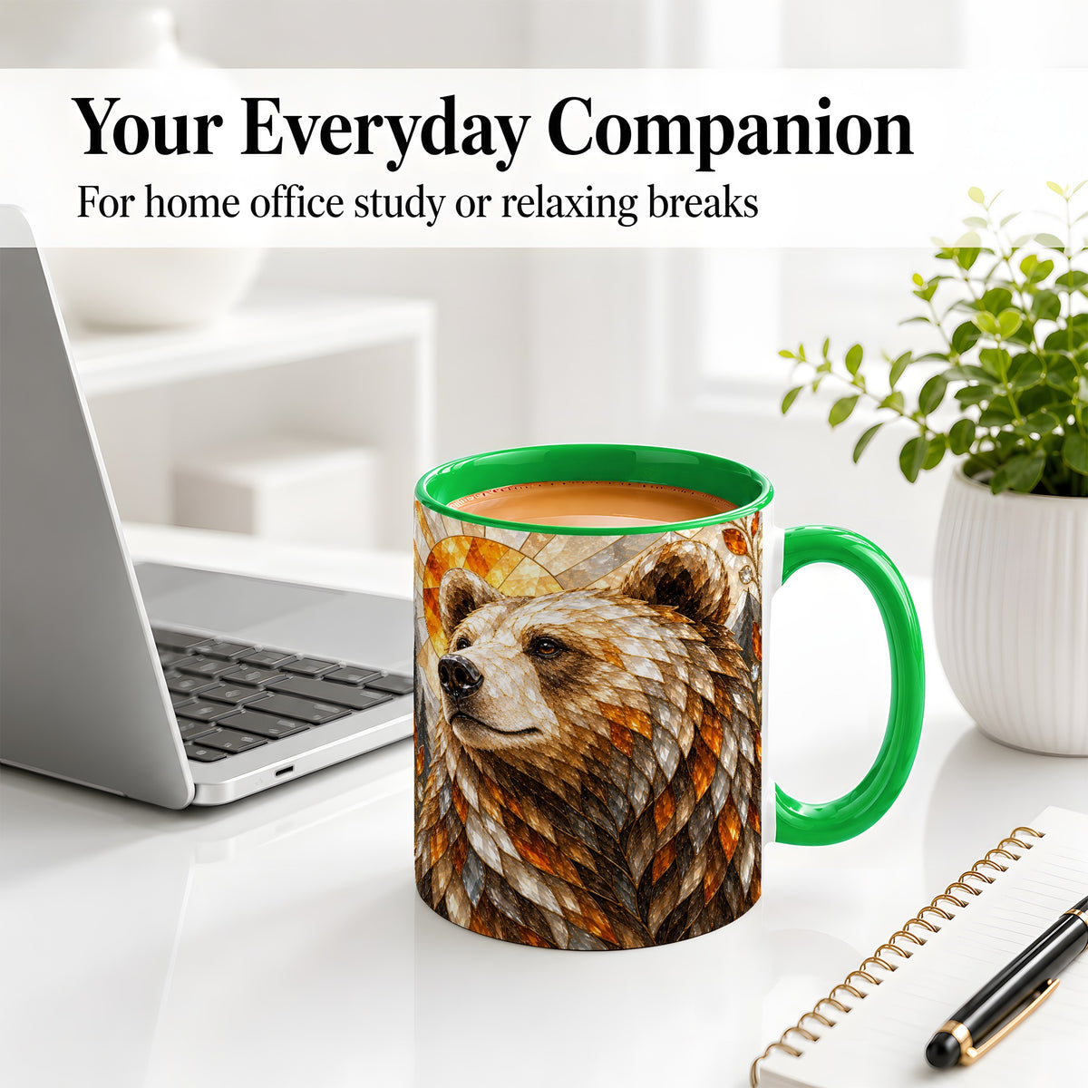 #pl[11oz|Green] Autumn Bear Ceramic Mug with Stained Glass Style Forest Artwork