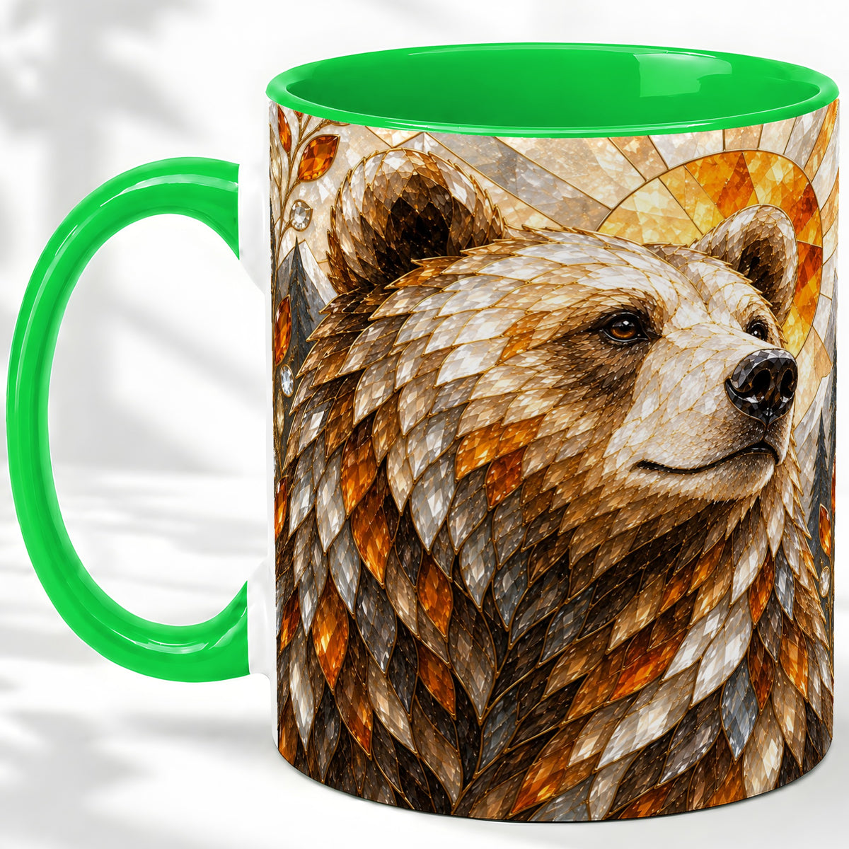 #pl[11oz|Green] Autumn Bear Ceramic Mug with Stained Glass Style Forest Artwork