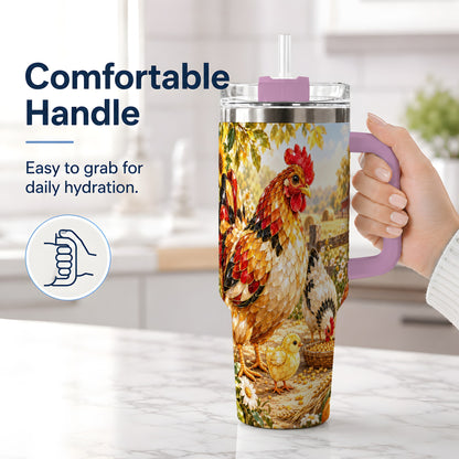 #pl[40oz|Pink] Autumn Chicken Farm 40oz Tumbler, Sunflower Harvest Artwork