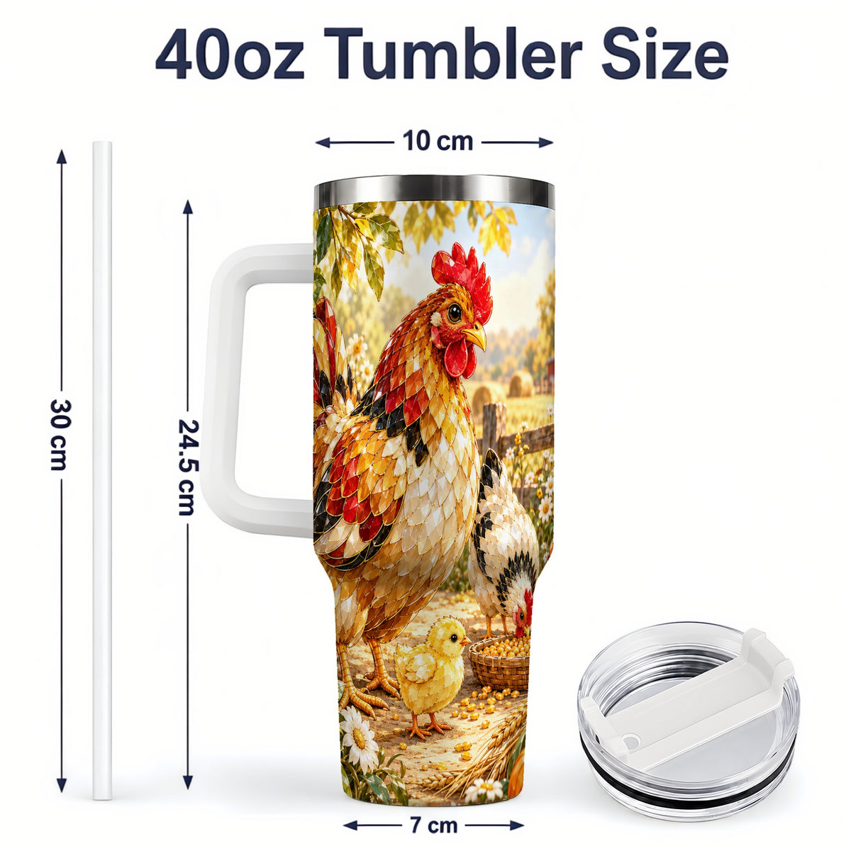 #pl[40oz|White] Autumn Chicken Farm 40oz Tumbler, Sunflower Harvest Artwork