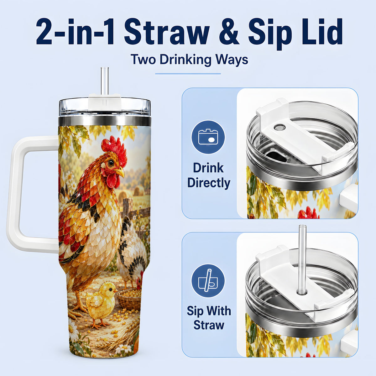 #pl[40oz|White] Autumn Chicken Farm 40oz Tumbler, Sunflower Harvest Artwork