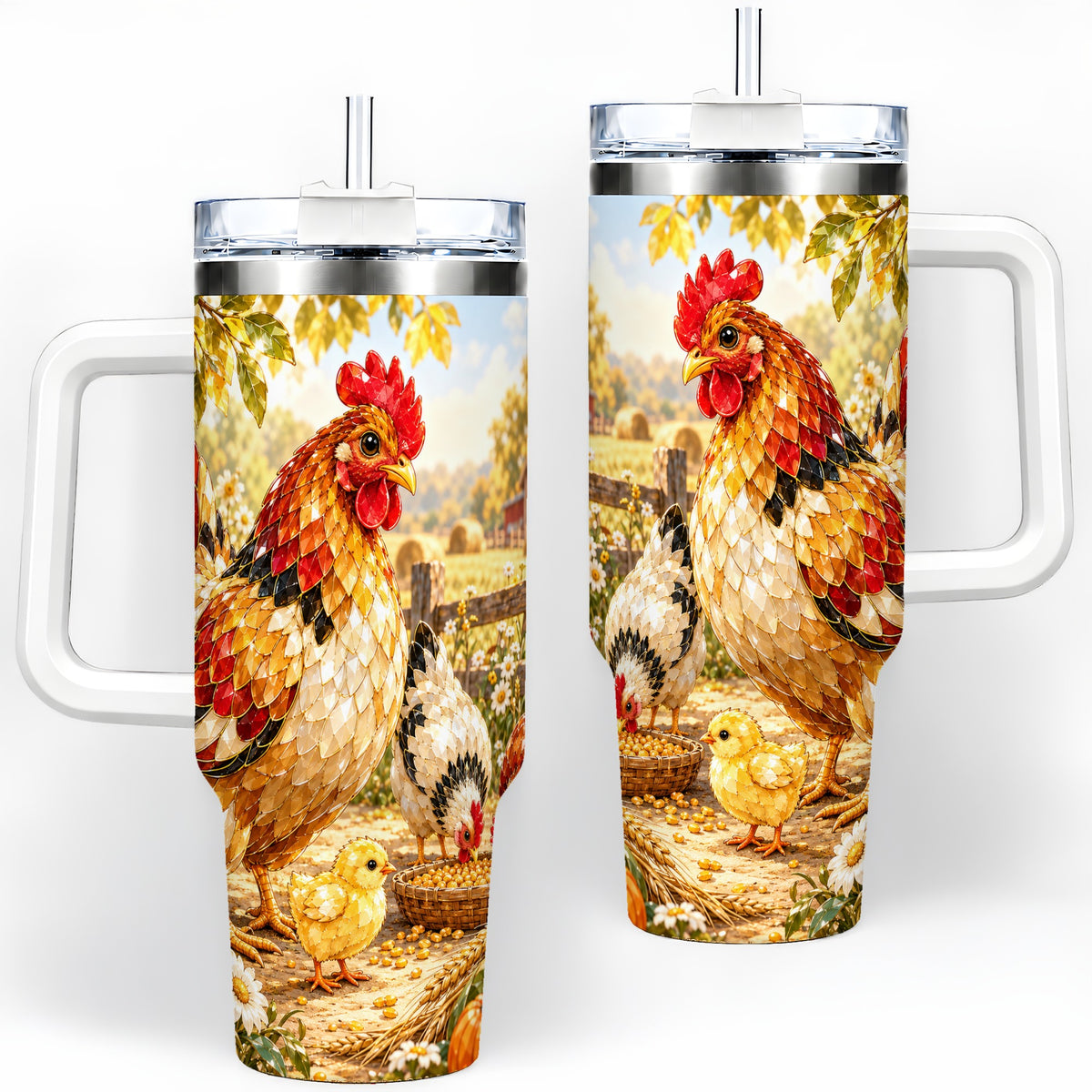 Autumn Chicken Farm 40oz Tumbler, Sunflower Harvest Artwork