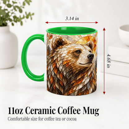 #pl[11oz|Green] Autumn Bear Ceramic Mug with Stained Glass Style Forest Artwork