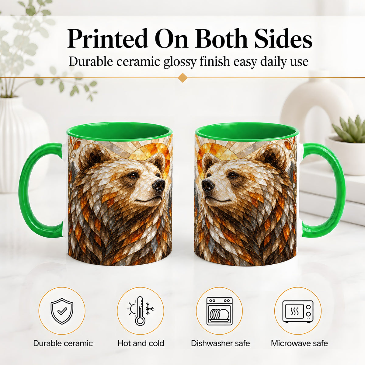 #pl[11oz|Green] Autumn Bear Ceramic Mug with Stained Glass Style Forest Artwork