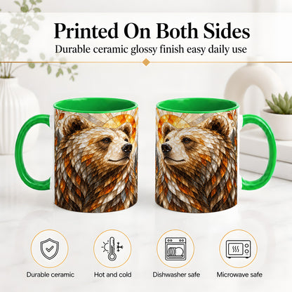 #pl[11oz|Green] Autumn Bear Ceramic Mug with Stained Glass Style Forest Artwork
