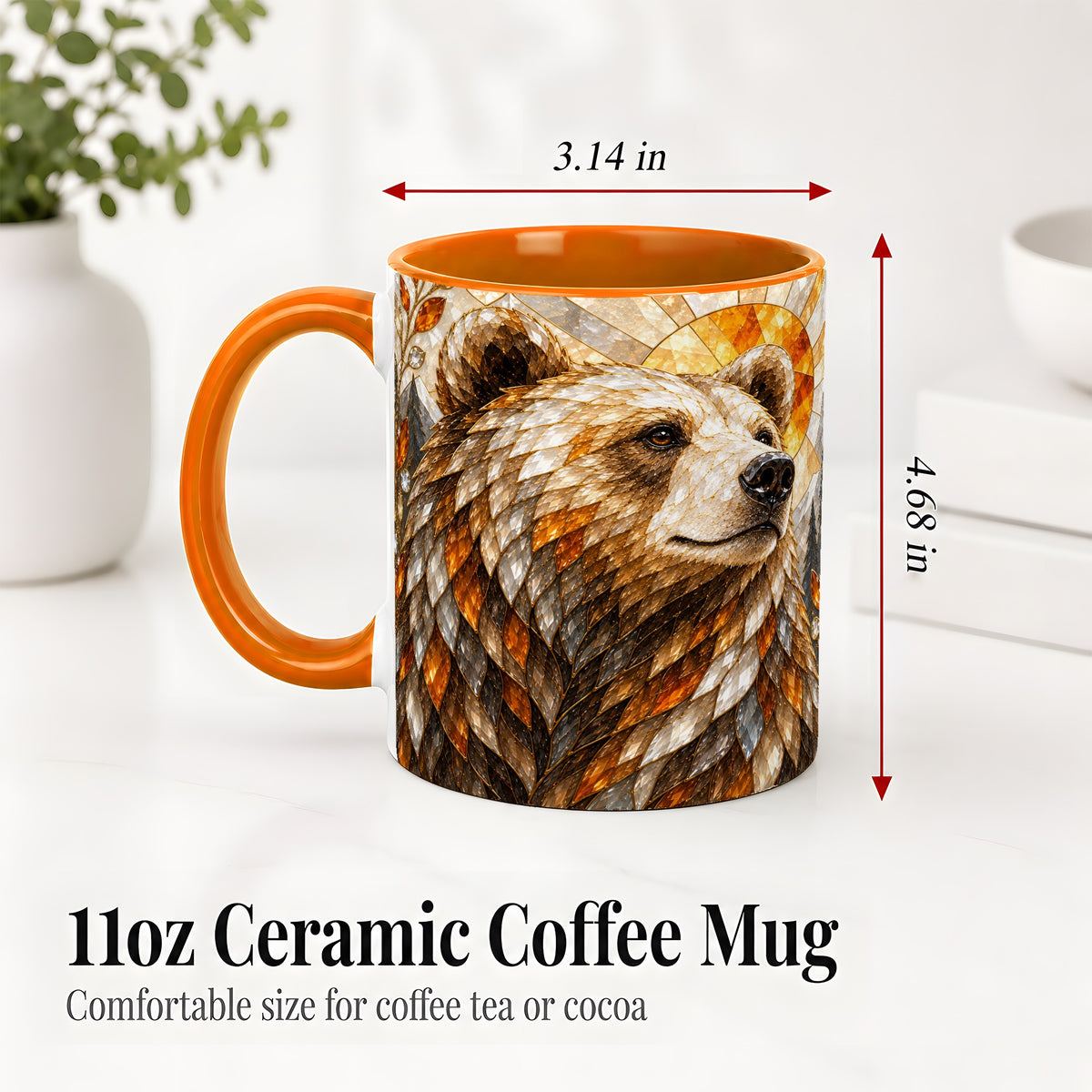 #pl[11oz|Orange] Autumn Bear Ceramic Mug with Stained Glass Style Forest Artwork