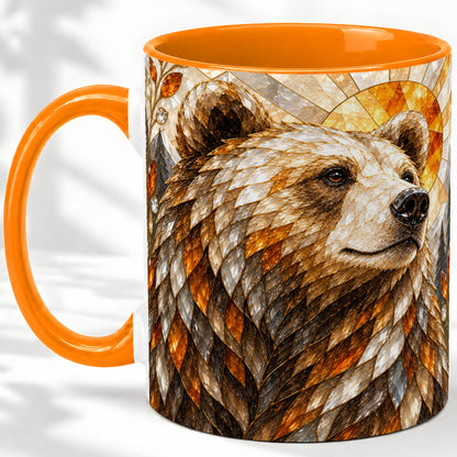 #pl[11oz|Orange] Autumn Bear Ceramic Mug with Stained Glass Style Forest Artwork