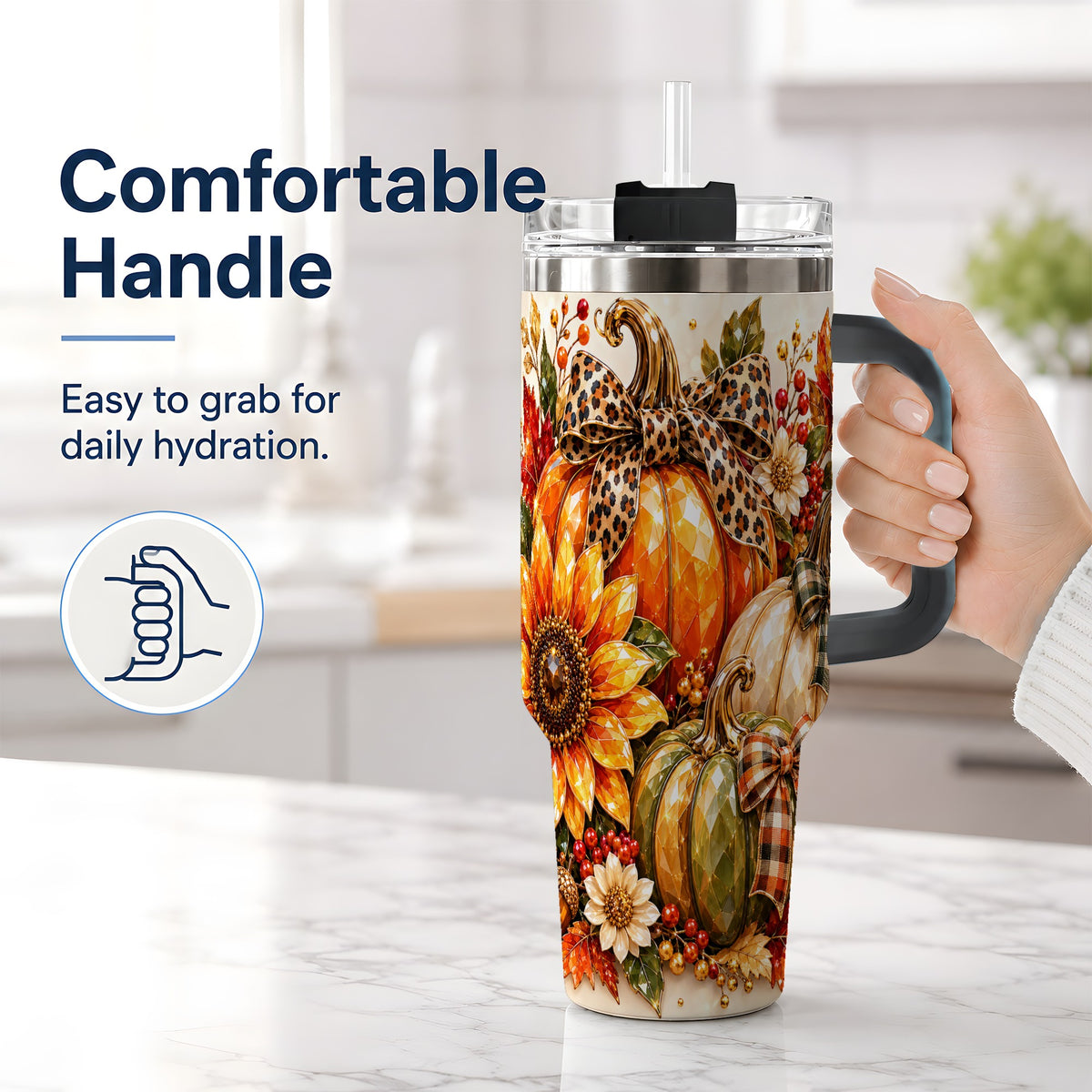 #pl[40oz|Black] Fall Pumpkin Bow 40oz Tumbler, Sunflower Harvest Artwork