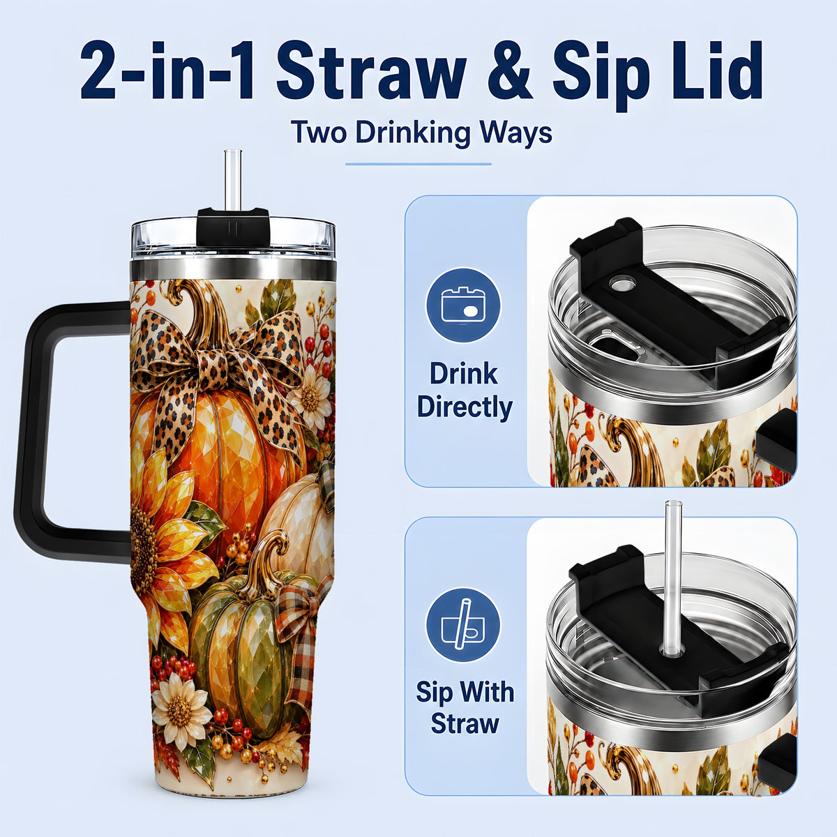 #pl[40oz|Black] Fall Pumpkin Bow 40oz Tumbler, Sunflower Harvest Artwork