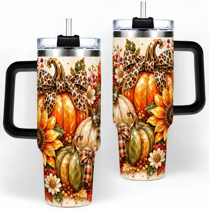 #pl[40oz|Black] Fall Pumpkin Bow 40oz Tumbler, Sunflower Harvest Artwork
