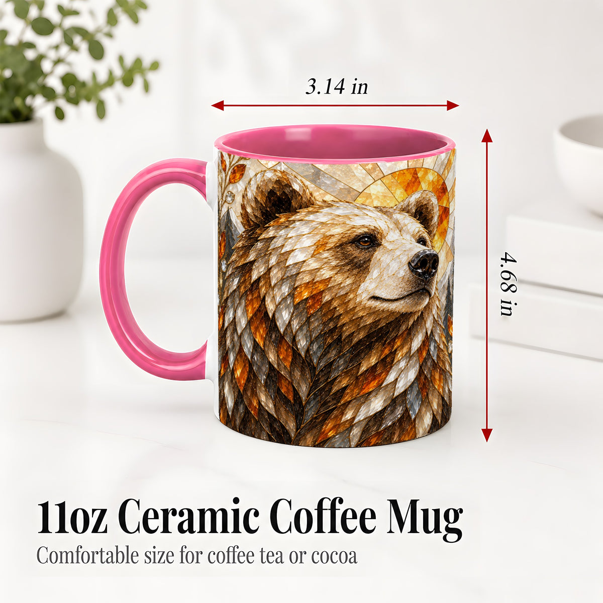 #pl[11oz|Pink] Autumn Bear Ceramic Mug with Stained Glass Style Forest Artwork