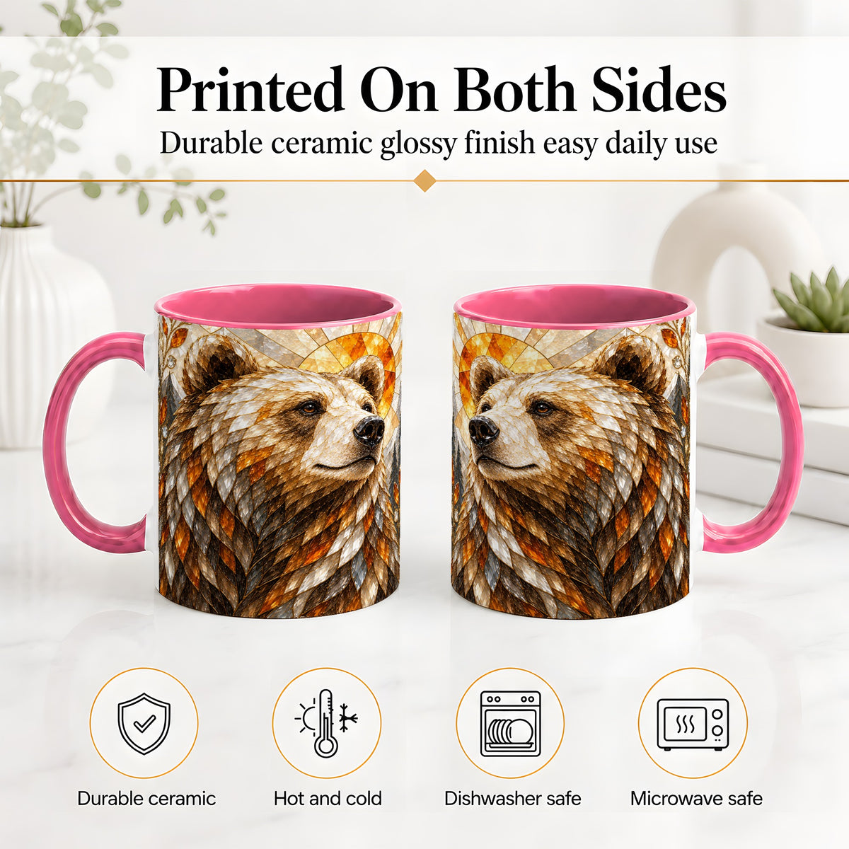 #pl[11oz|Pink] Autumn Bear Ceramic Mug with Stained Glass Style Forest Artwork