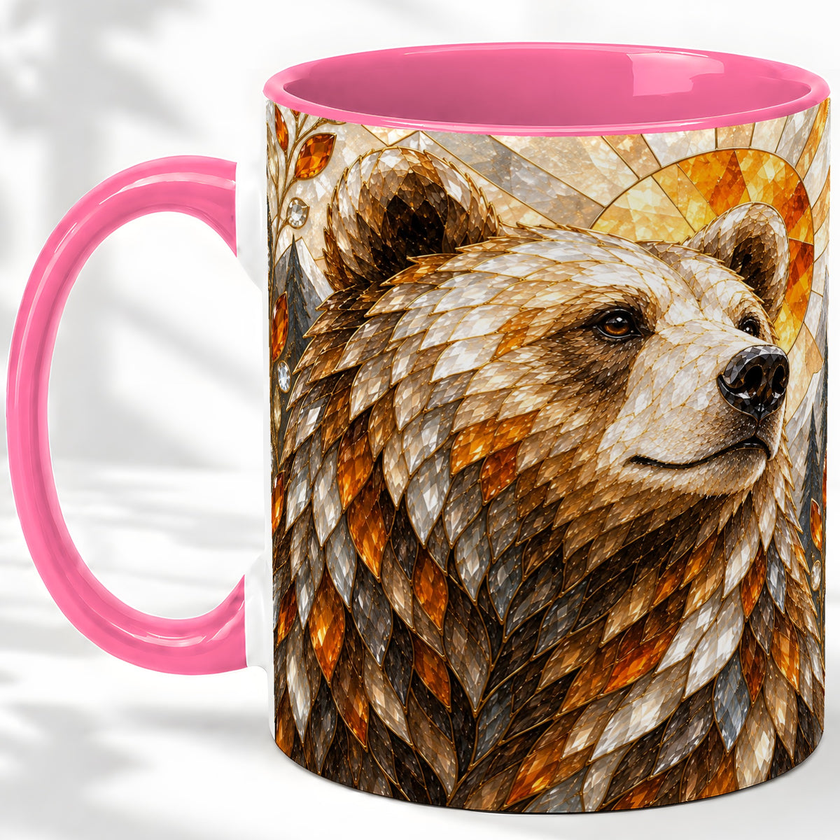 #pl[11oz|Pink] Autumn Bear Ceramic Mug with Stained Glass Style Forest Artwork