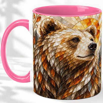 #pl[11oz|Pink] Autumn Bear Ceramic Mug with Stained Glass Style Forest Artwork