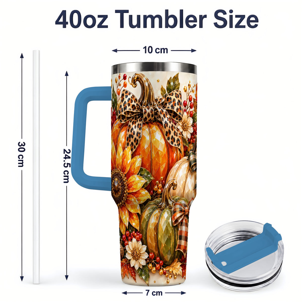 #pl[40oz|Blue] Fall Pumpkin Bow 40oz Tumbler, Sunflower Harvest Artwork
