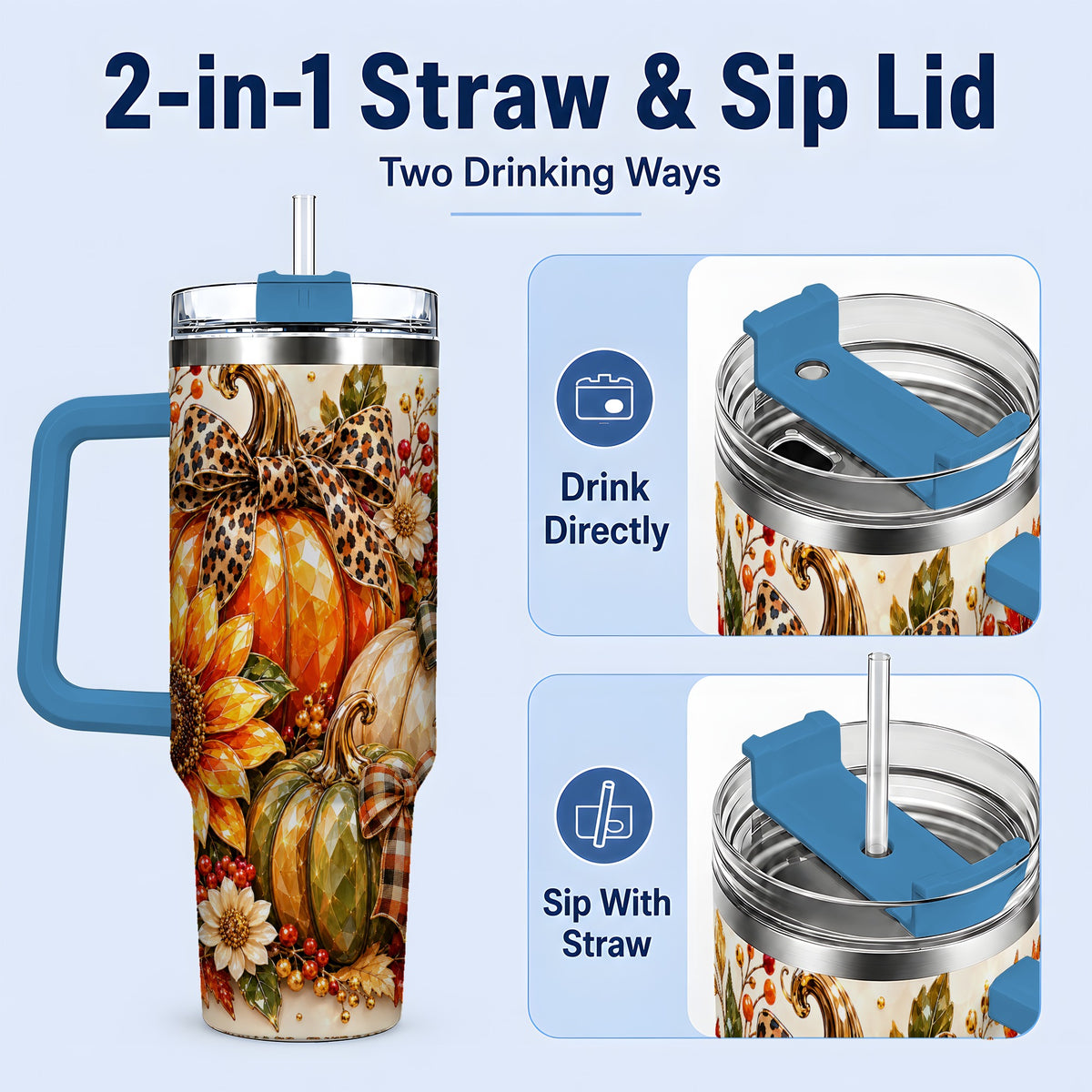 #pl[40oz|Blue] Fall Pumpkin Bow 40oz Tumbler, Sunflower Harvest Artwork