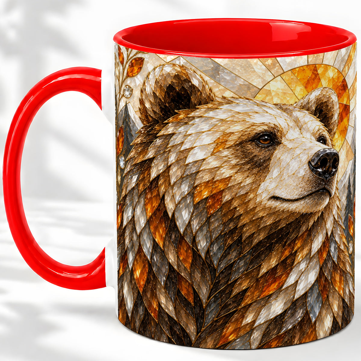 Autumn Bear Ceramic Mug with Stained Glass Style Forest Artwork