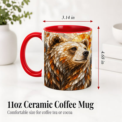 #pl[11oz|Red] Autumn Bear Ceramic Mug with Stained Glass Style Forest Artwork